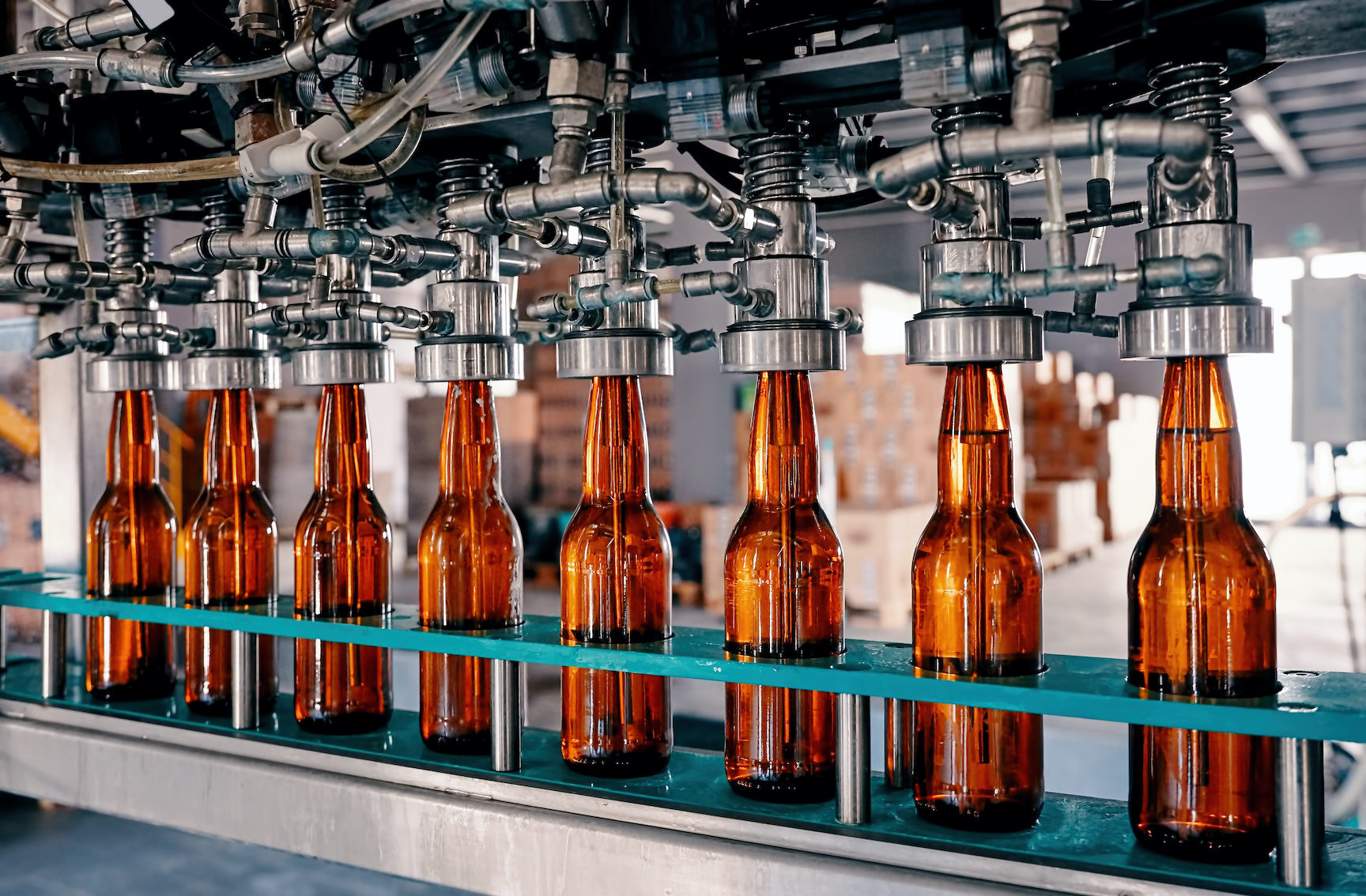 Beer bottles filling on the conveyor belt in the brewery factory