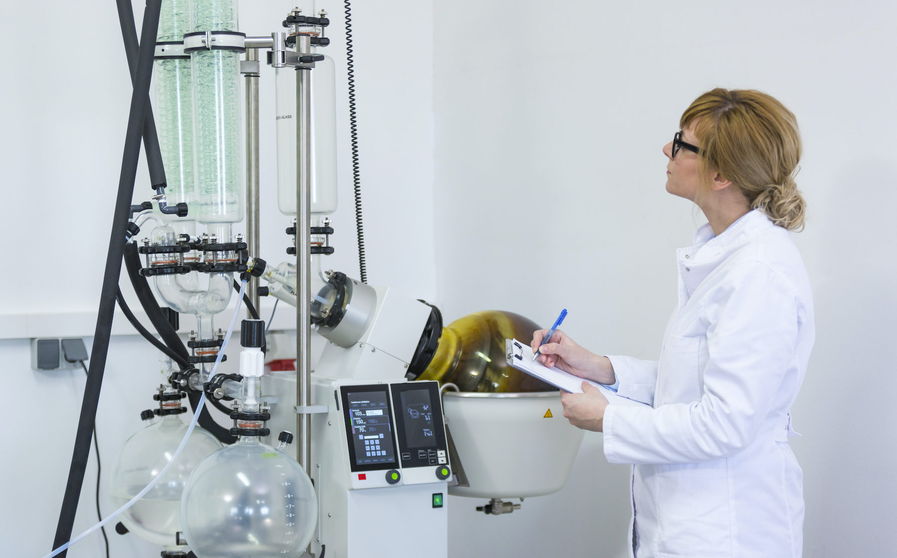 Scientist holding paper board and controlling rotational vaporizer during CBD oil extraction. Machine has green condenser and rotational flask where CBD hemp oil extraction is in process.