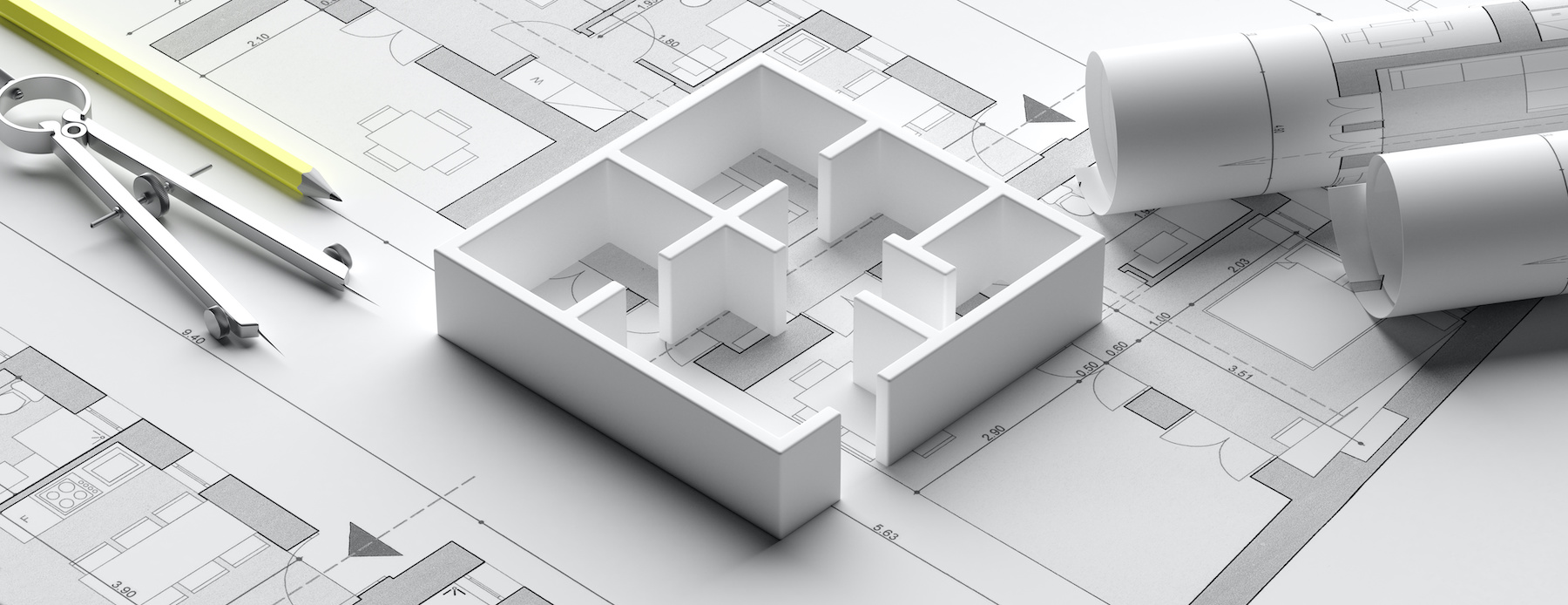 Residential building blueprint plans and house model, banner. 3d illustration