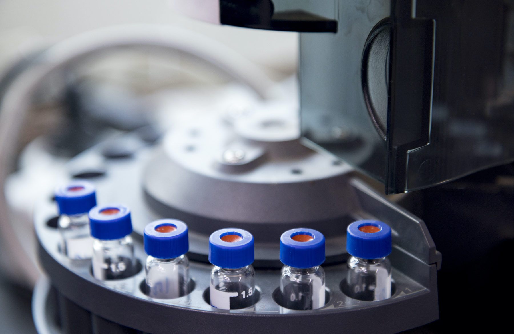 vials are arranged in the auto-sampler for the lab equipment.